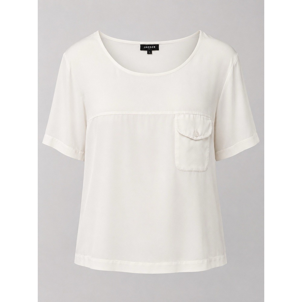 Jaeger Women's Ivory 100% Silk Blouse Size L Short Sleeve Pocket Relaxed Top